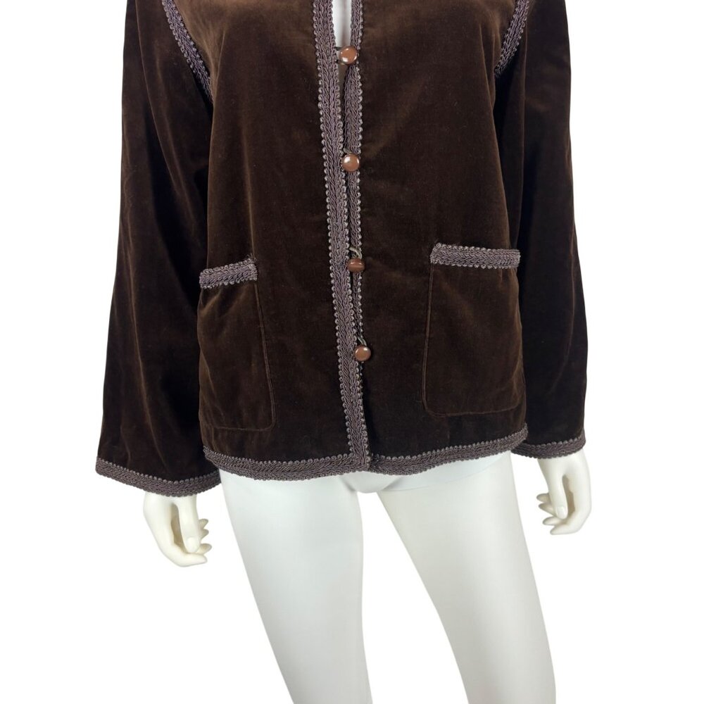Vintage 70s Velvet Blazer Womens Large Brown Braided Trim Button Down Suit Jacke - Picture 6 of 12
